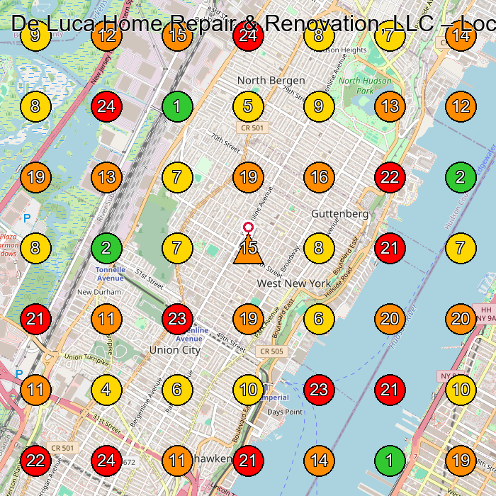 De Luca Home Repair & Renovation, LLC Construction Company GeoGrid ranking map for West New York NJ